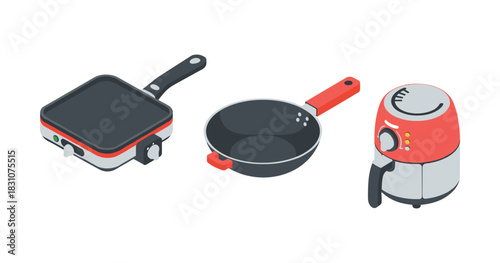 Kitchen appliances: grill pan, frying pan, air fryer - modern cooking essentials