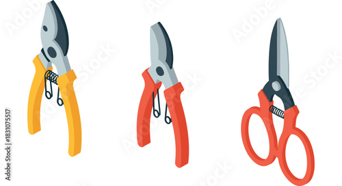Colorful isometric pruning shears set with yellow and red handles