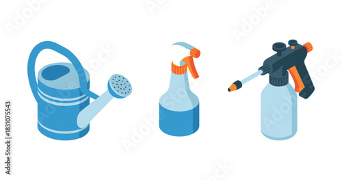 Set of garden watering tools: watering can, spray bottle, pressure sprayer