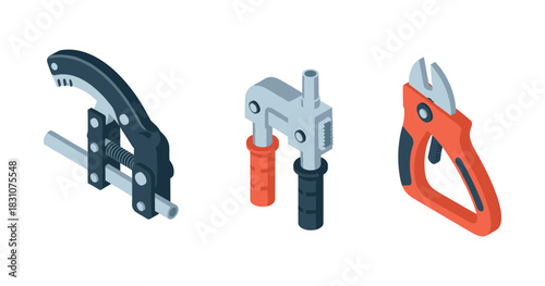 Isometric pipe wrench pipe cutter clamp tool set on white background