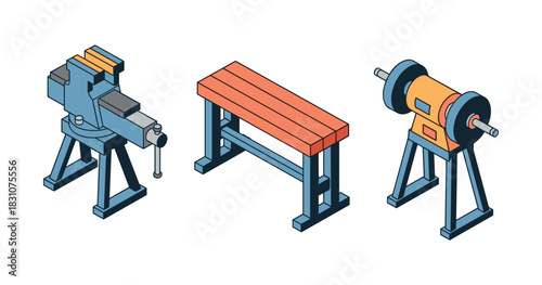 Workshop tool set: bench vise, workbench, grinding wheel in isometric view