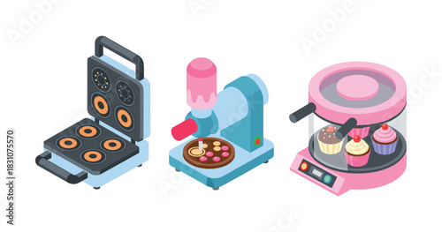 Isometric toy kitchen appliances set with waffle maker, pancake machine, and cupcake maker