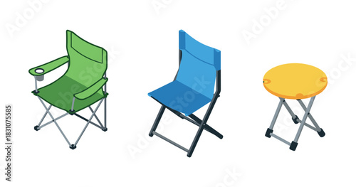 Set of three colorful foldable camping chairs and stool