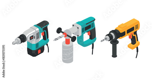 Isometric power drill set: cordless, electric, impact drills with attachments