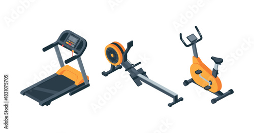 Home gym equipment: treadmill, rowing machine, stationary bike for cardiovascular fitness