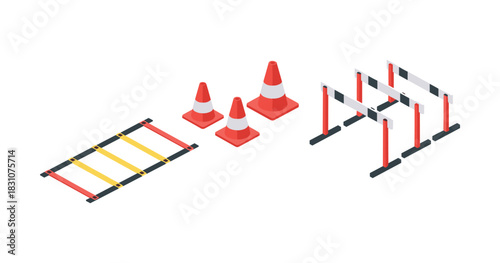 Isometric training equipment: ladder, traffic cones, hurdles for fitness and agility