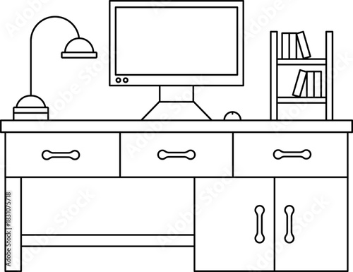 Modern Computer Table with Lamp and Bookshelf