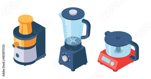 Isometric juicer, blender, and food processor set on white background