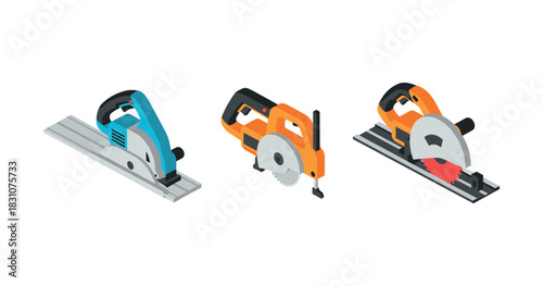 Set of three colorful power saws on white background