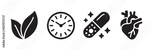 Black vector icons depicting leaves clock pill and heart in a row on a white background isolated