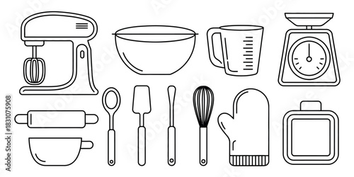 Illustration of kitchen tools including mixer bowl scale and baking equipment