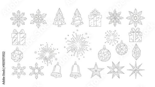 Holiday Decorations: A collection of festive line art featuring Christmas trees, gifts, snowflakes, ornaments, bells, and stars, perfect for adding a touch of holiday cheer to your designs.