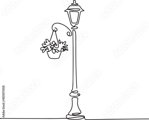 Continuous Line Art Illustration of Classic Lamp Post with Hanging Flower Basket