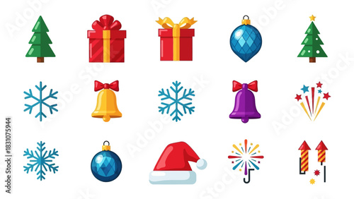 Festive Embellishments: Collection of celebratory elements including trees, gifts, ornaments, bells, hats and firework against a backdrop.