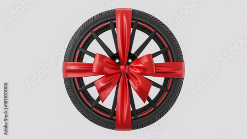 Tire wrapped in a red ribbon as a gift