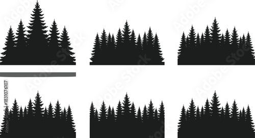 Collection of six detailed pine and spruce forest border silhouettes, symbolizing nature, wilderness, camping, adventure, and the great outdoors, isolated vector set
