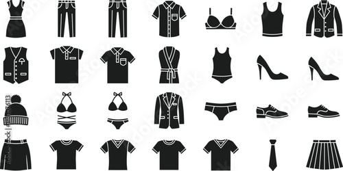 comprehensive set of 28 black clothing and fashion icons in silhouette style, representing diverse apparel including formal wear, casual clothing, shoes, and accessories for men and women, isolated ve