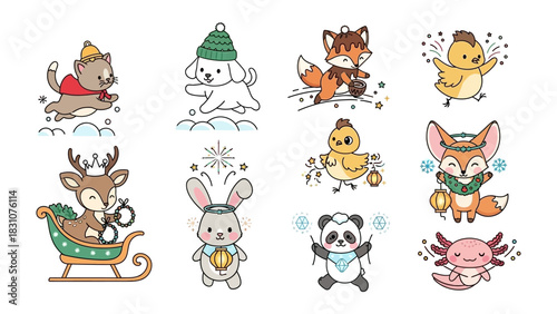 Holiday Animal Characters: A charming collection of festive animal characters, perfect for holiday-themed design projects. This whimsical illustration exudes a joyful holiday ambiance