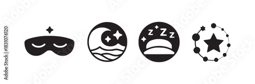 A set of four black and white icons depicting sleep, night, dreams, and celestial elements in circles