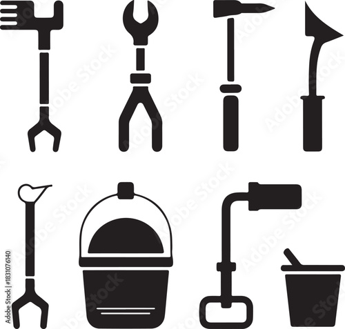 A collection of black silhouette icons representing various gardening and repair tools