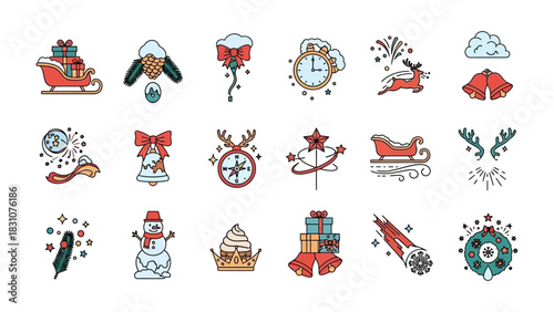 Festive Icons of the Season: A colorful array of holiday icons, depicting sleighs laden with presents, festive bells, a jolly snowman, twinkling stars, and an elegant clock. 