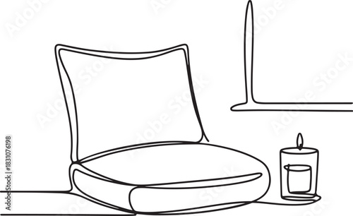 Continuous Line Art Illustration of Floor Cushion and Candle in Calm Interior