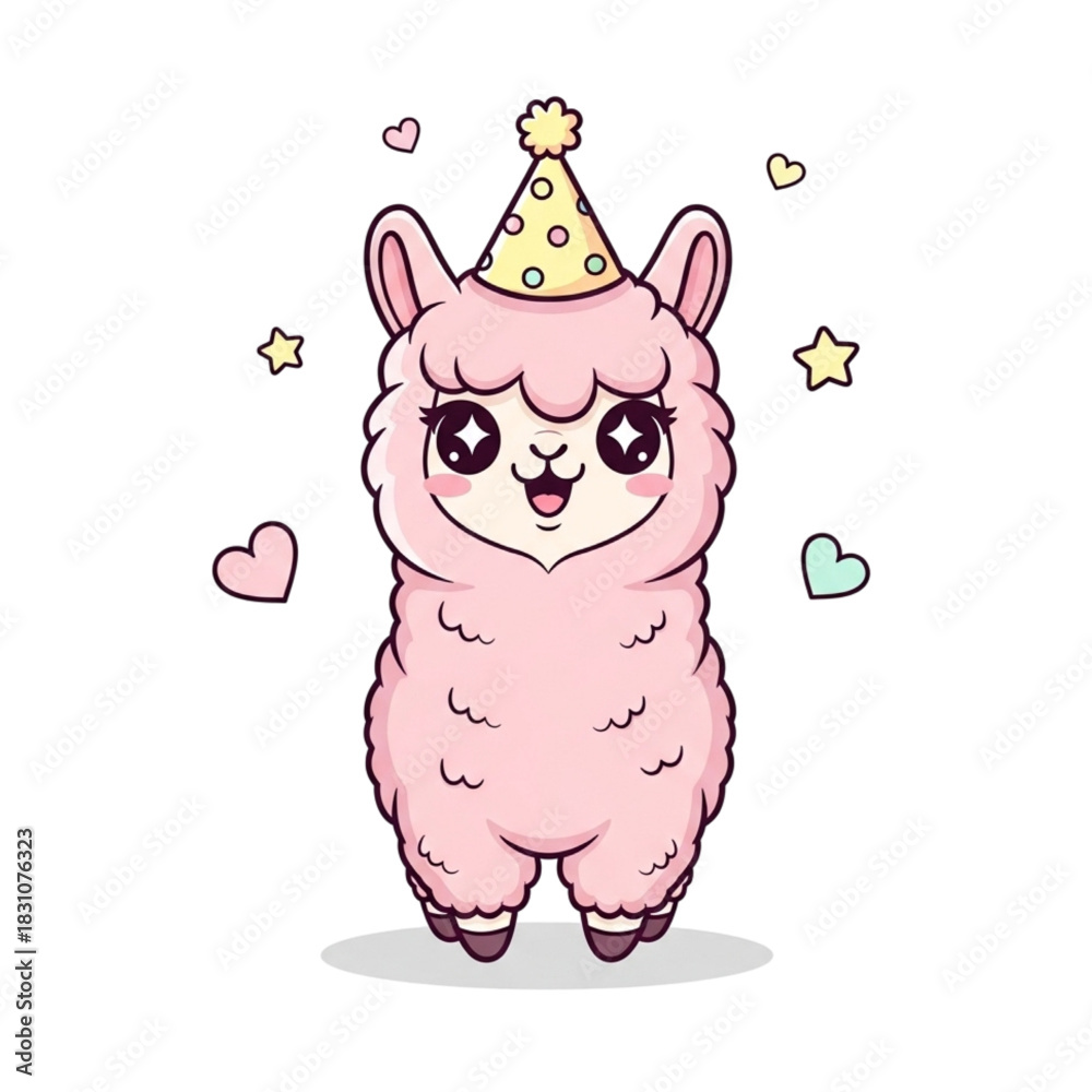 Naklejka premium Adorable pink llama celebrating with a party hat and festive decorations for children's birthdays or whimsical designs, spreading joy and charm