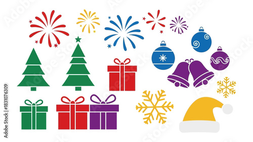 Festive cheer vector: A vibrant collection of celebratory elements that capture the joy and spirit of the holiday season, with gifts, bells, fir trees, fireworks and more.