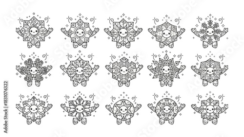 Snowflake Charms Array: An intricately crafted array of delicate snowflake characters, each radiating its unique charm and design, arranged in a visually pleasing pattern. 