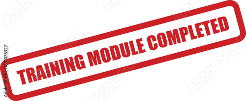 A red grunge stamp graphic with clear text confirming a training module completed, signifying successful learning and course progression