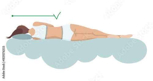 Correct sleeping body posture. Healthy sleeping position spine on orthopedic mattress and pillow. Caring for health of back, neck. Vector illustration