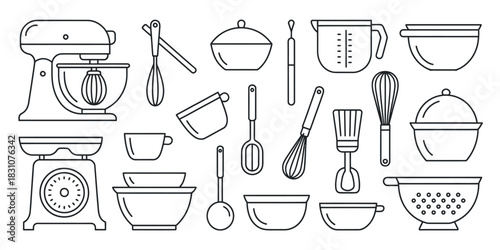 A collection of kitchen tools and utensils in a line drawing style illustration