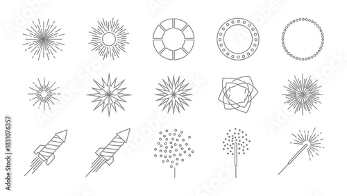 Fireworks Display Icons: A stunning display of detailed line art fireworks and rockets against a stark backdrop, perfect for design and illustration projects.
