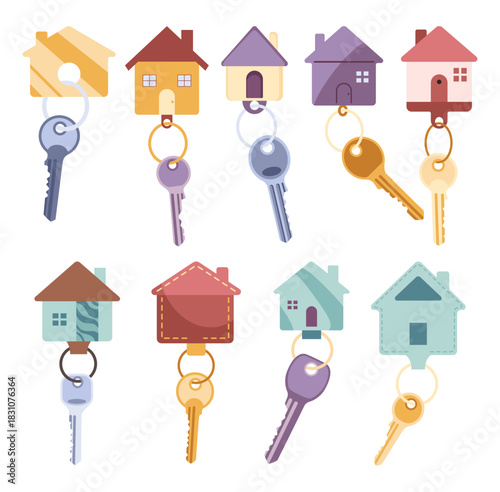 Door keys keyfobs set. Ring with trinket, keychains plastic tag hanging on keyring. House, apartment or room locking accessories. Cartoon flat vector isolated on white background