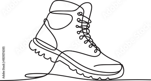 Continuous Line Art Illustration of Hiking Boot Stepping Along Trail Path