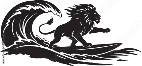 Lion surfing a large wave with mane flowing in the wind