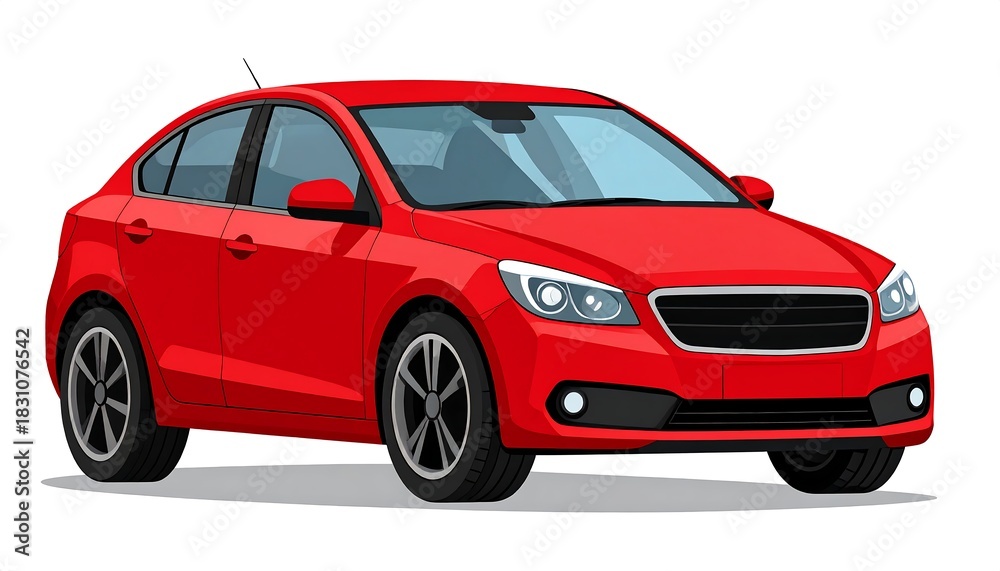 Obraz premium Vibrant red sedan cartoon, angled view, isolated on white. Sleek design, reflective windows and detailed tires