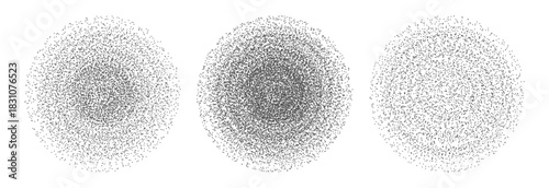 Set of abstract circles with grainy, sand stippled texture. Collection of circular shapes dotwork to create a noise gradient, perfect for retro shading or grunge design elements . Isolated vector