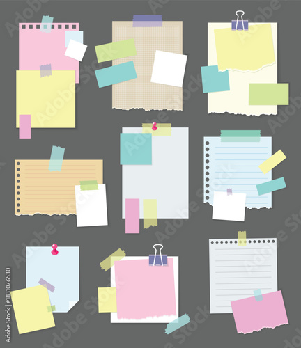 Paper notes stickers. Set of different vector note papers. Blank of multicolor stickers. Sticky sheets of various colors and size vector illustration