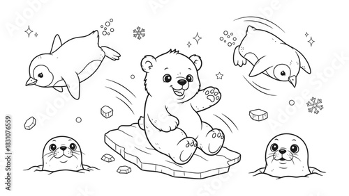 Polar Friends: An adorable polar bear joyfully rides on an ice floe amidst playful penguins and friendly seals, creating a scene of Arctic camaraderie.