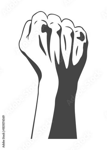 Rised fist hand gesture monochrome drawn emblem. Vector hand clenched into fist and rising up, symbol isolated on white background. Power sign. Human hand up in the air
