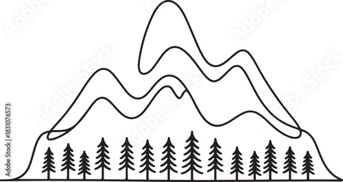 Continuous Line Art Illustration of Layered Mountains with Pine Trees at Base