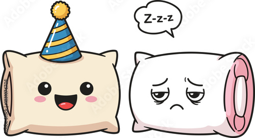 Cute Cartoon Pillows Comparison: One Happy Pillow Wearing a Party Hat and Another Sleepy, Tired Pillow with Z-z-z Speech Bubble, Vector Illustration for Sleep and Insomnia