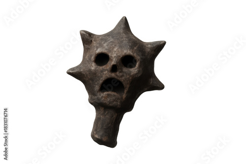 Ancient mace weapon displaying a screaming face with spikes