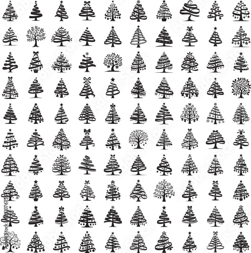 Decorated Christmas tree silhouette set in festive holiday poses