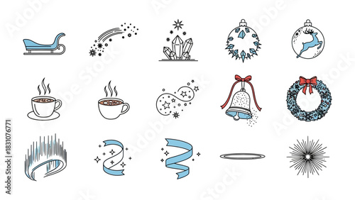 Festive Season Elements: A collection of meticulously designed icons evokes the joy and enchantment of the season, from a whimsical sleigh to shimmering stars and a steaming cup of joy.