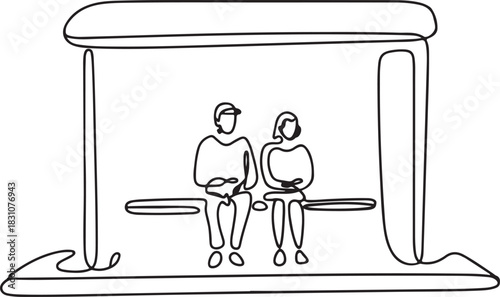 Continuous Line Art Illustration of Simple Bus Stop Scene with Two Waiting Figures