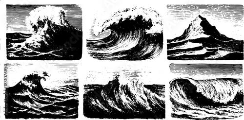 Six vintage engravings of ocean waves and mountains. Hand-drawn black silhouette style in a retro vector illustration set.