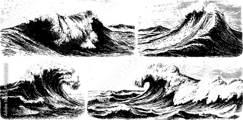 Wave silhouettes in black engraving style. Vintage oceanic vector illustration showcasing dynamic water movement.