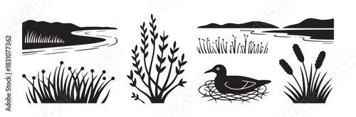 Black and white vector illustration of a duck in a nest surrounded by wetland plants and landscape